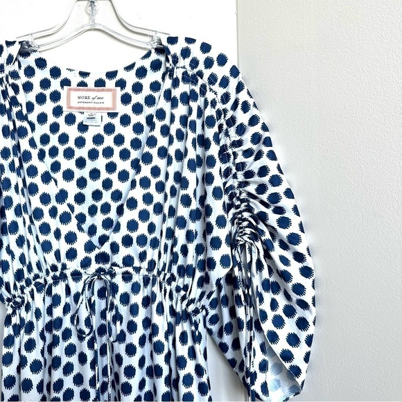 More of Me Maternity 100% Silk Maxi Dress Ruched Sleeves Polka Dot Blue White - Picture 2 of 9